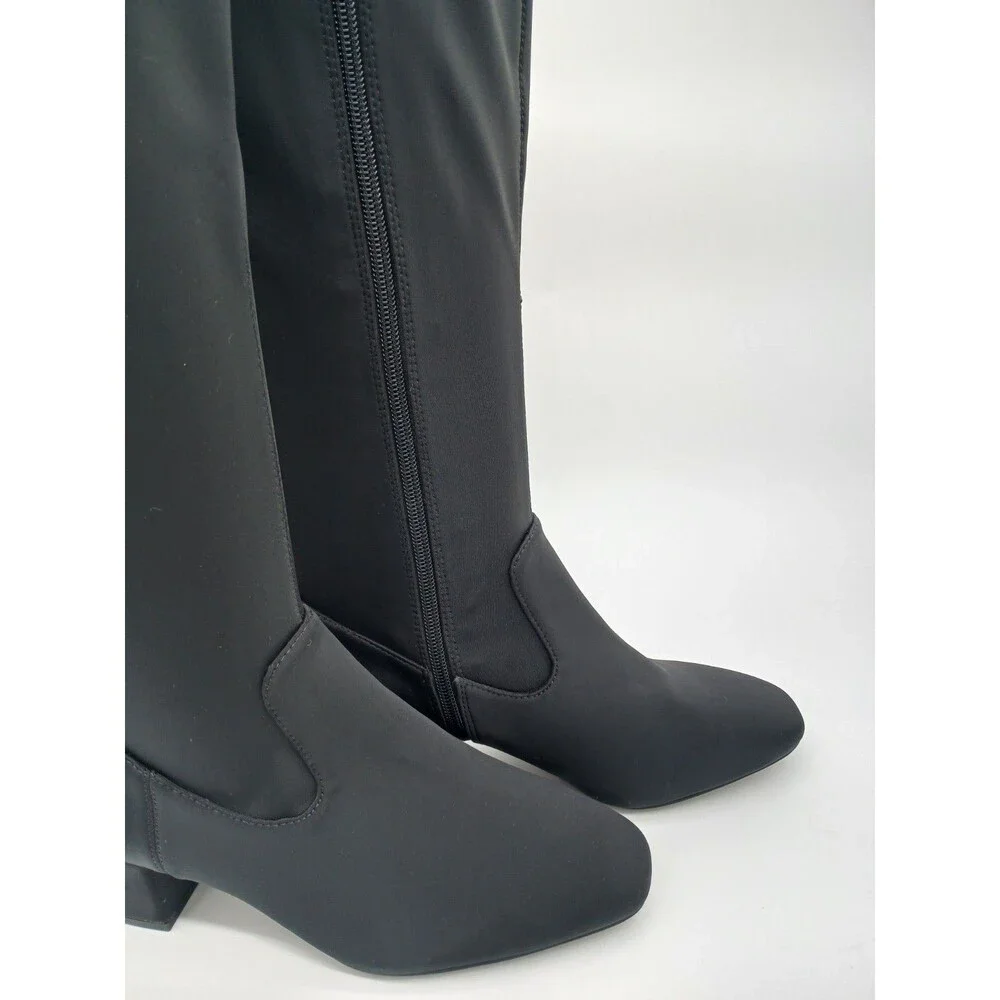 NEW- Size 7.5M Womens Alex Marie Zip Up Knee High Boots Chunk Heel Fabric Black